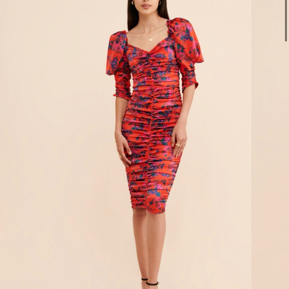 For Love And Lemons Red Ruched Bodycon Midi Dress